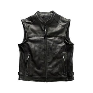 May include: A black leather vest with a perforated design. The vest has a stand-up collar, a front zipper, and two zippered pockets. The shoulders and upper chest have solid leather panels. The vest has a classic biker style.