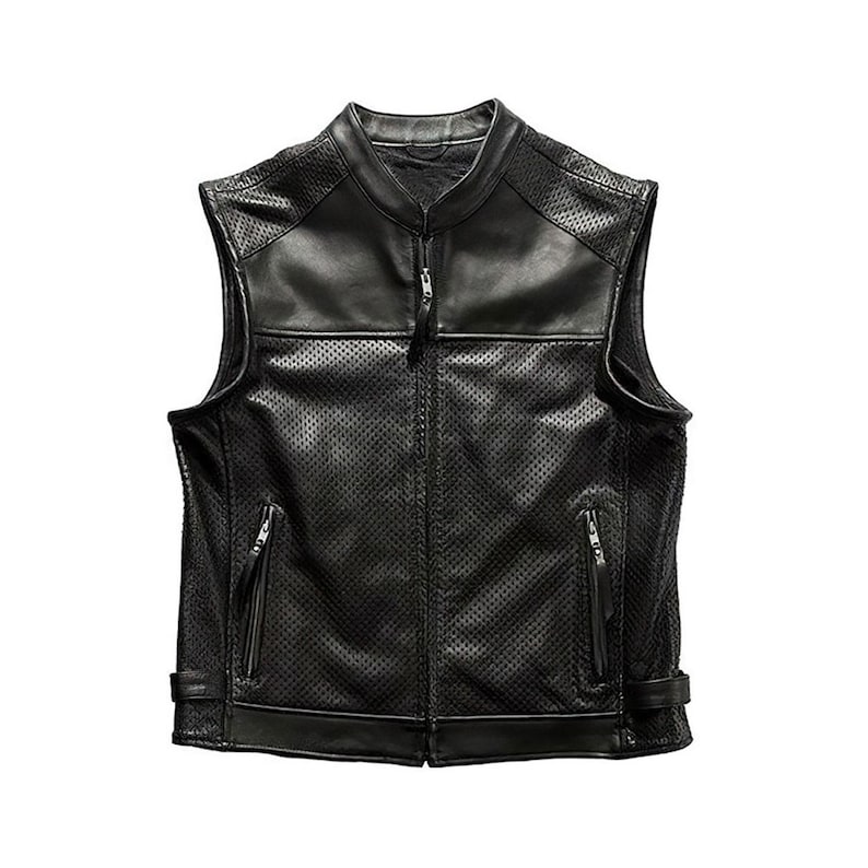 May include: A black leather vest with a perforated design. The vest has a stand-up collar, a front zipper, and two zippered pockets. The shoulders and upper chest have solid leather panels. The vest has a classic biker style.