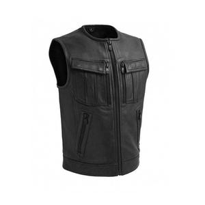 May include: Black leather motorcycle vest with multiple zippered pockets and a front zipper closure.