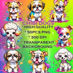 50 High Quality Cute Dog Clipart | Kawaii Puppy PNG | Digital Download | Cartoon Dog Sticker | Sublimation Design | Printable Art