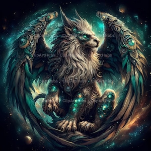 May include: A digital illustration of a mythical creature with a lion's body, eagle wings, and a human-like face. The creature is set against a cosmic background with teal, gold, and blue hues. The wings are detailed with feathers and ornate embellishments.