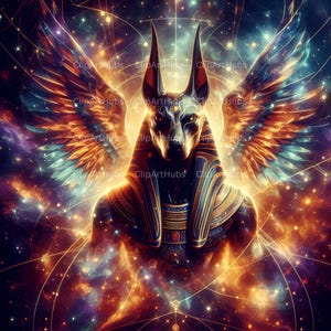 Oeuvre d'art du dieu de la mort et de la momification Anubis | Art mural égyptien antique | Décoration mythologique gothique sombre | 4096 x 4096 PNG | Impression 300 ppp
