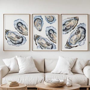 牡蠣の水彩画プリントセット：海岸風キッチンウォールアート（JPEG画像3枚セット、デジタルダウンロード）