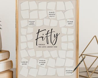 Fifty Things We love About You Printable, Modern Minimalist Circles Party Decoration Men's 50th Birthday Sign In Signature Frame 50 Things