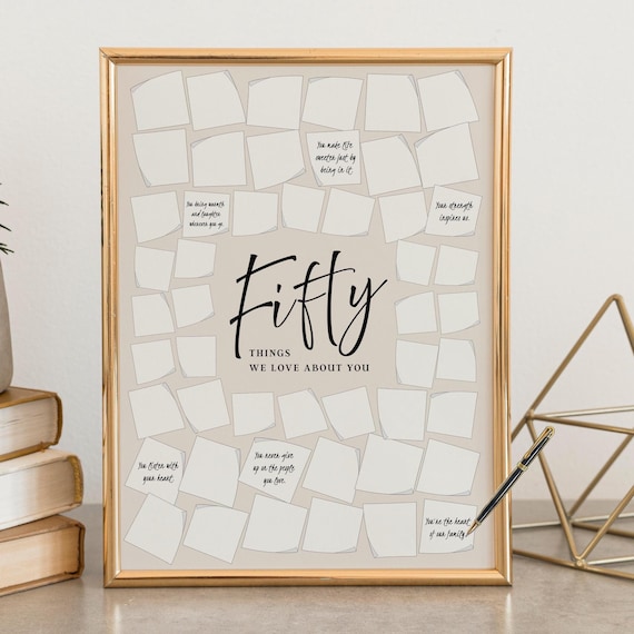 Fifty Things We love About You Printable, Modern Minimalist Circles Party Decoration Men's 50th Birthday Sign In Signature Frame 50 Things