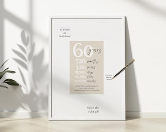 60th Birthday Poster Printable – Life in Numbers with Message Area Guestbook Sign, Milestone Birthday Decor, 60th birthday gift for mom dad