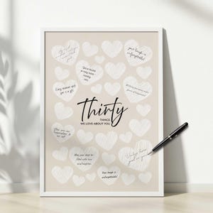 May include: A framed print with a beige background and white hearts. The words "Thirty Things We Love About You" are in the center. Handwritten messages are inside the hearts. A black pen rests on the frame.