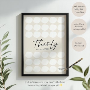 Thirty Reasons Why We Love You Gift for Him, Modern Minimalist Circles Party Decoration Men's 30th Birthday Sign In Signature Frame 30