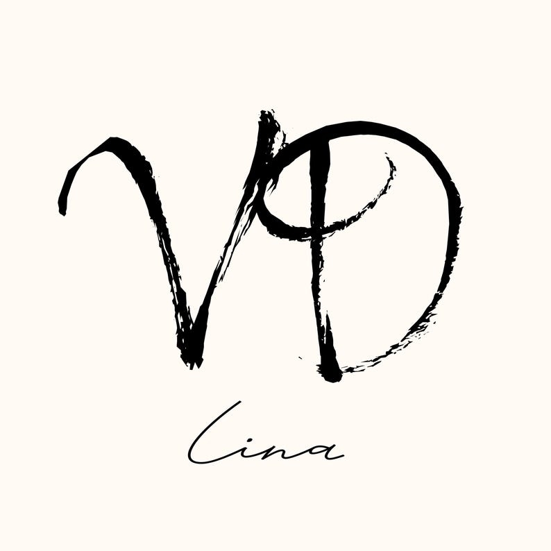 May include: Black brushstroke design of the letters "VD" with the word "Cina" in a cursive font below. The design is on a cream-colored background. The letters are thick and bold.