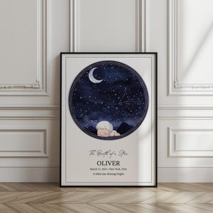 Mapa estelar personalizado para bebé – Póster de estrella de nacimiento personalizado – Impresión de cielo nocturno con nombre, fecha y ubicación – Regalo para recién nacido, decoración de pared para habitación infantil