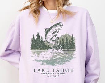 Vintage Lake Tahoe Fisch Grafik Sweatshirt - Komfort Farben Übergroßer Pullover