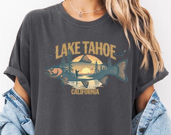 Vintage Lake Tahoe Fish Graphic Tee - Komfort Farben Übergroßes Shirt