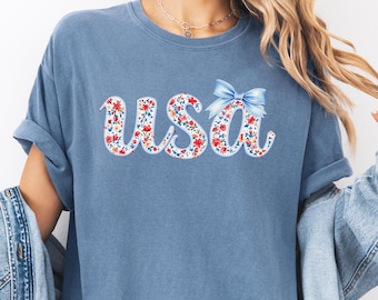 Comfort Colors Coquette USA Shirt: Floral Patriotic 4th of July