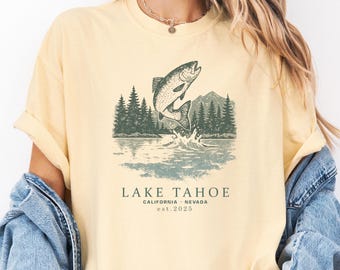 Vintage Lake Tahoe Fish Graphic Tee - Komfort Farben Übergroßes Shirt