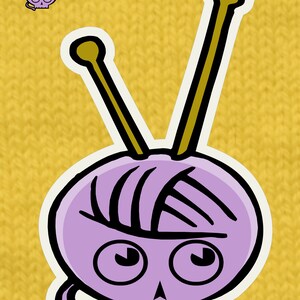 May include: A cartoon image featuring a purple skull with yarn and knitting needles, with the text "knitcompop" above. The background is a textured yellow. The image also includes the text "made in mic".