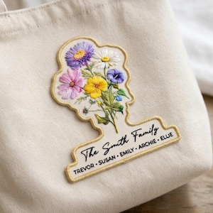 Personalized Family Flower Embroidered Patch, Custom Name Floral Iron On Patch, Birth Flower Bouquet Applique for Jacket Bag