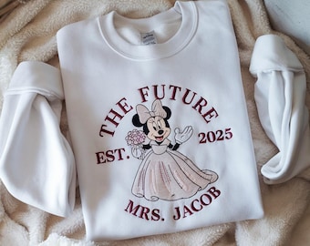 Embroidered Disney Future Mrs Sweatshirt, Personalized Minnie Bride Crewneck, Engagement Gift, Custom Bridal Pullover