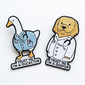 Conjunto de parches bordados de animales médicos divertidos, parche de perro pato "Confía en mí, soy médico", parche médico humorístico termoadhesivo, lindo aplique de regalo para enfermeras