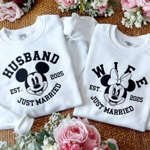 Embroidered Just Married Disney Shirt, Matching Couple Sweatshirt, Husband Wife Honeymoon Top, Newlywed Mickey Minnie Shirt, Wedding Gift