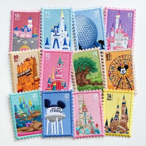 Disney Park Stamp Embroidered Patch Set, Castle Epcot Tree of Life Patch, Vintage Travel Stamp Iron On Patch, Theme Park Applique Collection
