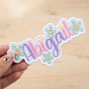 Patch personalizado com nome floral, aplique termocolante com escrita personalizada, etiqueta para jaqueta ou mochila.