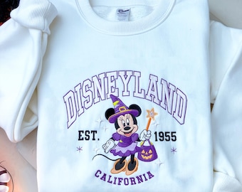 ミニーウィッチ刺繍スウェットシャツ、ディズニーランドハロウィンスウェットシャツ、ディズニースプーキーシーズンクルーネック、レトロディズニートップス