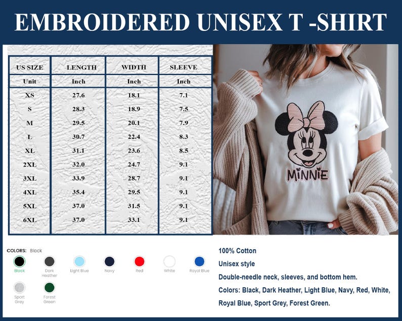 May include: White unisex t-shirt with an embroidered Minnie Mouse design. The shirt features a double-needle neck, sleeves, and bottom hem. Available in various colors, including black, dark heather, light blue, navy, red, white, royal blue, sport grey, and forest green. Made of 100% cotton.