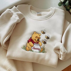 Winnie the Pooh Embroidered Sweatshirt, Disney Character Crewneck, Cute Bear Embroidery Shirt, Cozy Cartoon Pullover Top, Disney Family Tee