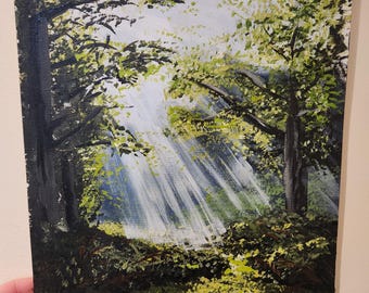 Golden Light: Acrylic Painting of Sunlight Through Forest Trees