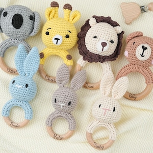 Personalized Crochet Animal Baby Rattle: Wooden Grasping Toy