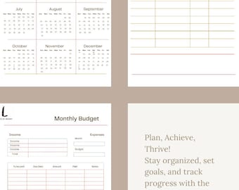 May include: A printable digital planner with a monthly budget tracker, calendar, and appointment schedule. The planner features a brown and white color scheme with the text "Plan, Achieve, Thrive!" and "Luxe by Maury Digital Planner."
