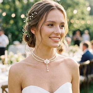 May include: A double-strand pearl choker necklace featuring a central white orchid-shaped pendant with a single dangling pearl drop. The necklace is worn around the neck, resting above a strapless white garment, showcasing a classic design.