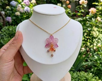 Echte Orchideen-Harz-Halskette - Handgemachter botanischer Feenkern-Anhänger, floraler Schmuck