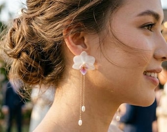 Real Preserved Orchid Pearl Drop Earrings, Bridal Botanical Jewelry