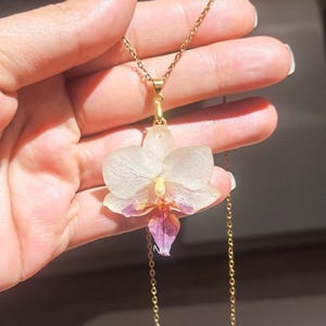 May include: A gold chain necklace with a delicate white and purple orchid pendant. The orchid is preserved in resin and has a natural, translucent appearance.