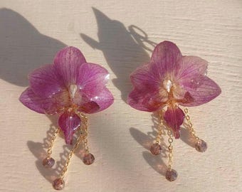 Real Purple Orchid Earrings, dangle earrings, 18k Gold-Plated,