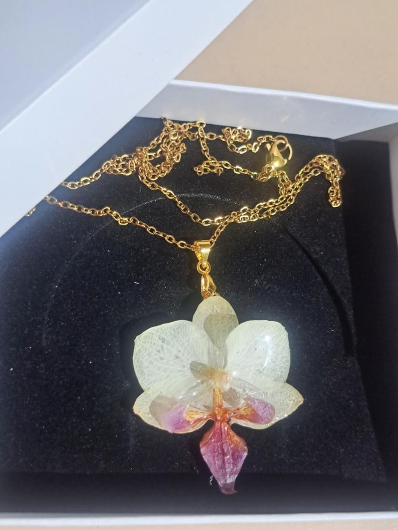 May include: A gold chain necklace with a pendant featuring a preserved white orchid with pink accents. The flower is encased in clear resin.