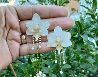 Real Orchid Pearl Drop Earrings, 18k Gold Plated, Flower Earrings, Botanical Jewelry