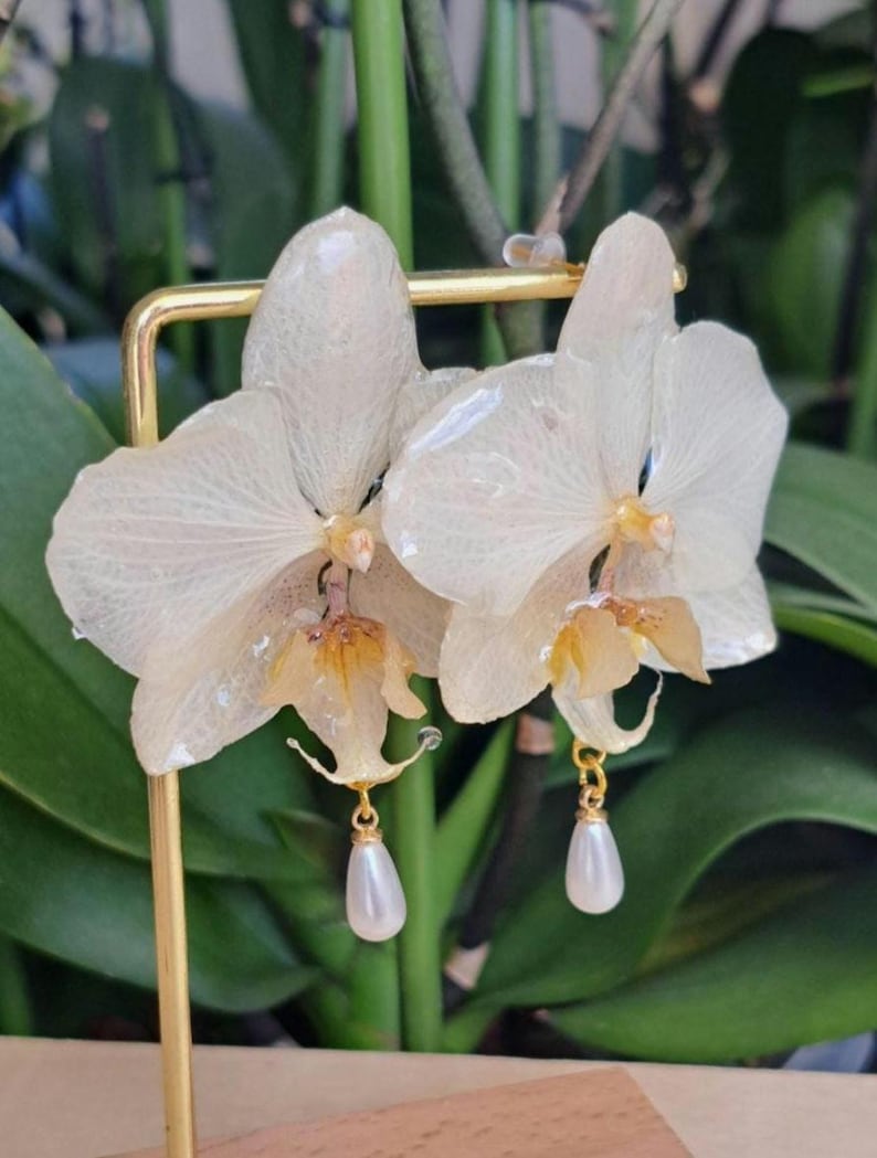 Real Orchid Earrings, Bridal Jewelry, Pearl Dangle Earrings image 8