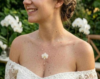Real Orchid Necklace, Bridal Lariat Necklace, White Orchid Jewelry, Pearl Drop Y Necklace, Wedding Flower Necklace