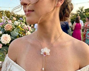 Real Preserved Orchid Pearl Drop Necklace, Botanical Bridal Jewelry