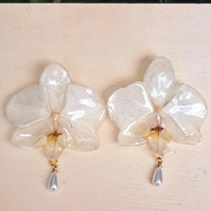 Real Orchid Earrings, Bridal Jewelry, Pearl Dangle Earrings image 5