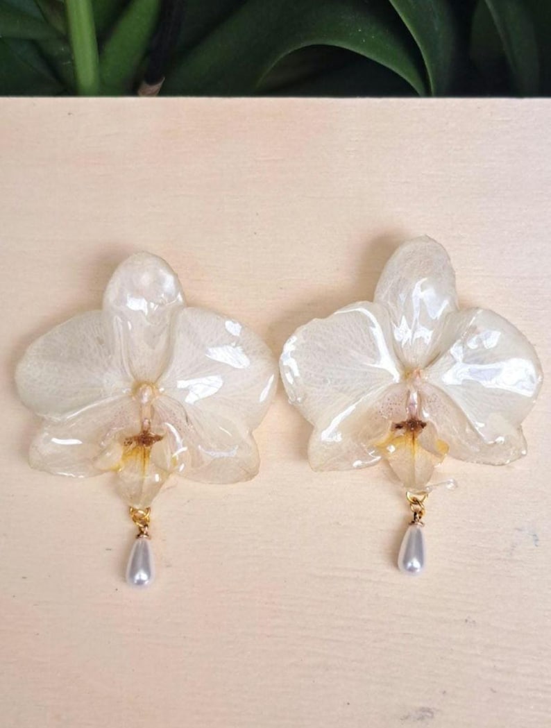 Real Orchid Earrings, Bridal Jewelry, Pearl Dangle Earrings image 5