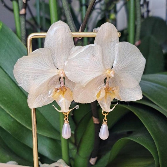 Real Orchid Earrings, Bridal Jewelry, Pearl Dangle Earrings