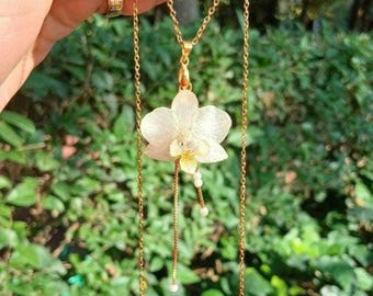 Echte Orchidee Halskette - Perlen baumelnde Halskette, handgemachter floraler Harz Schmuck