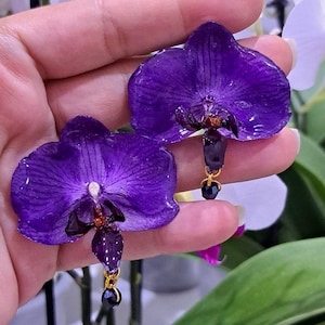 Real flower earrings. Real orchid earrings.Mini purple orchid earrings