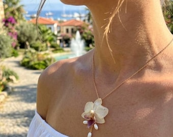 Real Orchid Pearl Necklace, Gold Filled Chain, Botanical Bridal Jewelry