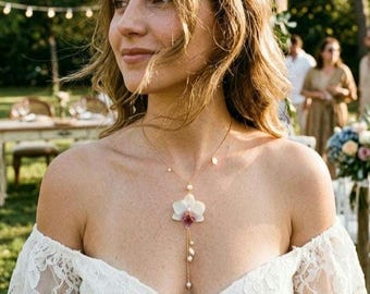 Real Orchid Lariat Necklace, Preserved Flower Bridal Jewelry, Pearl Gold Chain