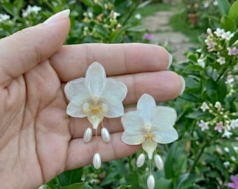 Real Orchid Earrings, Bridal Flower Earrings, Pearl Wedding Jewelry