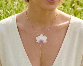 Real Orchid Y Necklace, Pearl Lariat Necklace, Gold Bridal Jewelry, Dainty Flower Necklace, Unique Handmade Gift for Her, Mother’s Day Gift